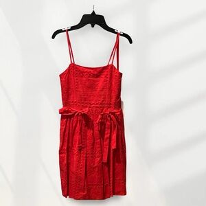 Red Eyelet Tie-Waist Spaghetti Strap Mini Dress